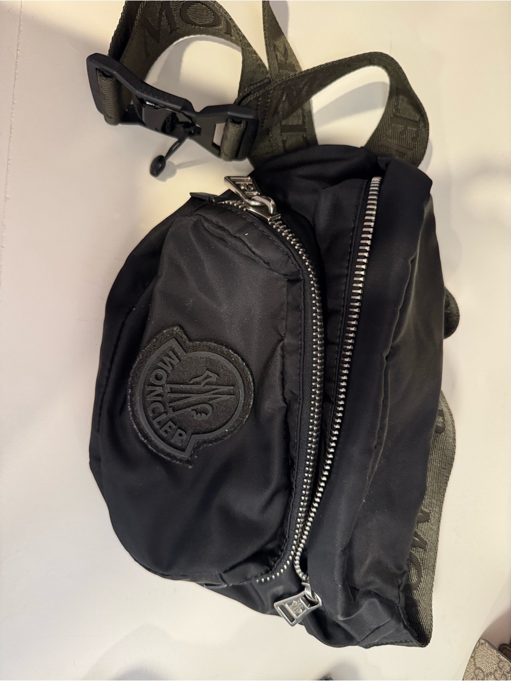 Moncler Black Nylon Logo Belt Bag with Silver Zippers